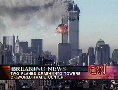 © CNN. CNN TV Breaking News images of the attack on New York City's World Trade Center towers on September 11, 2001.